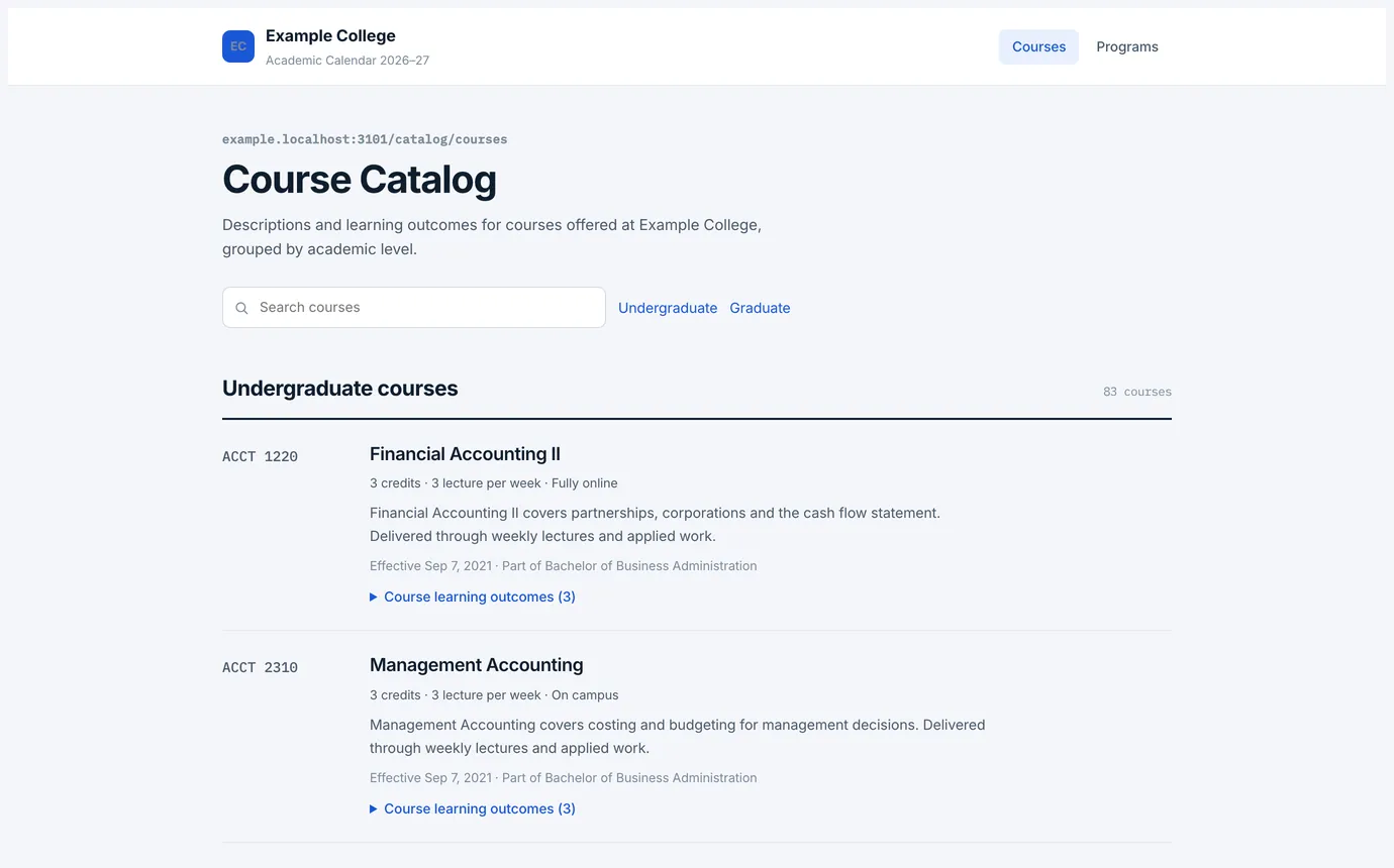 The public course catalog, grouped by academic level