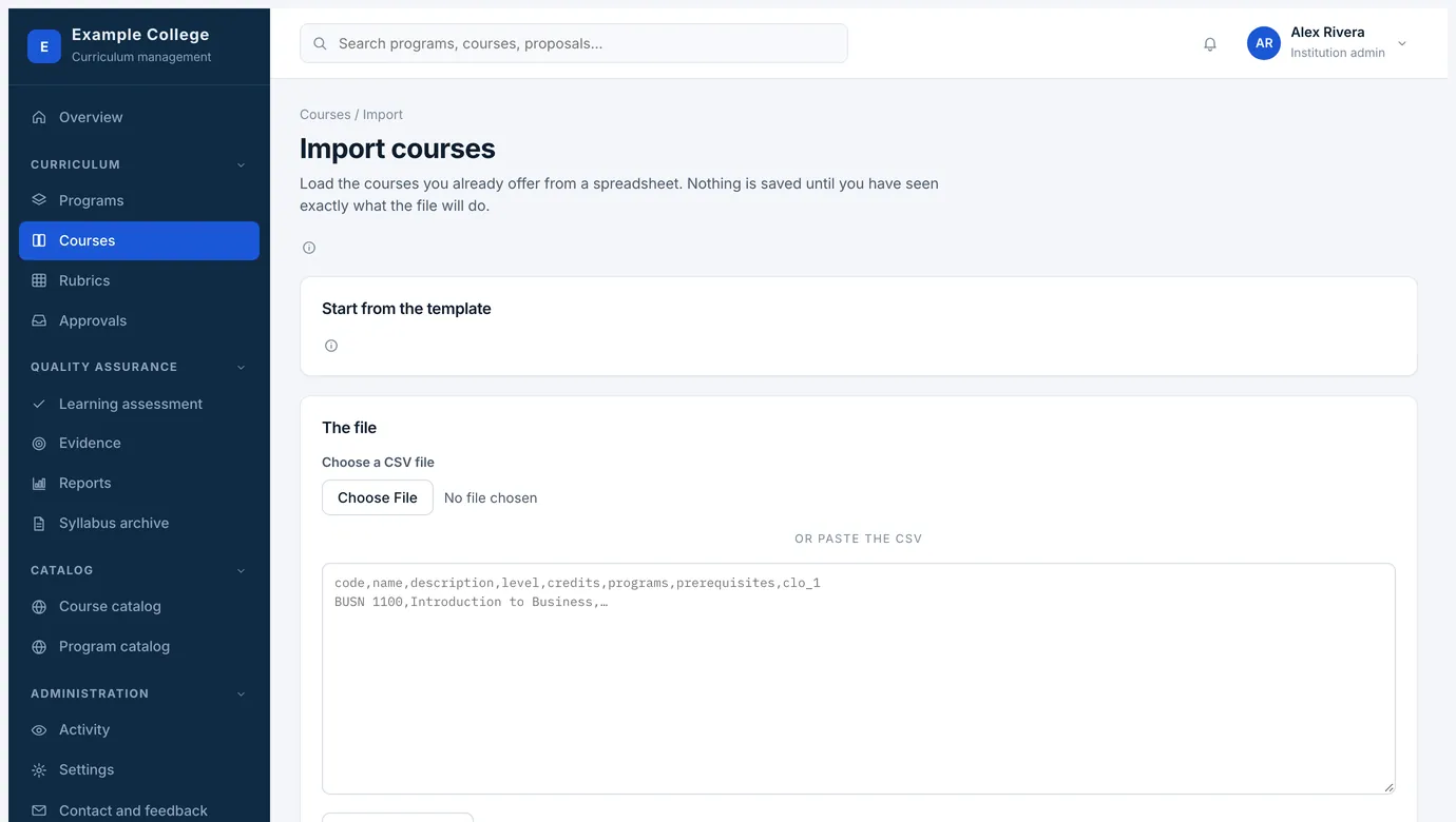 The course import: start from the template, choose a file, then check it