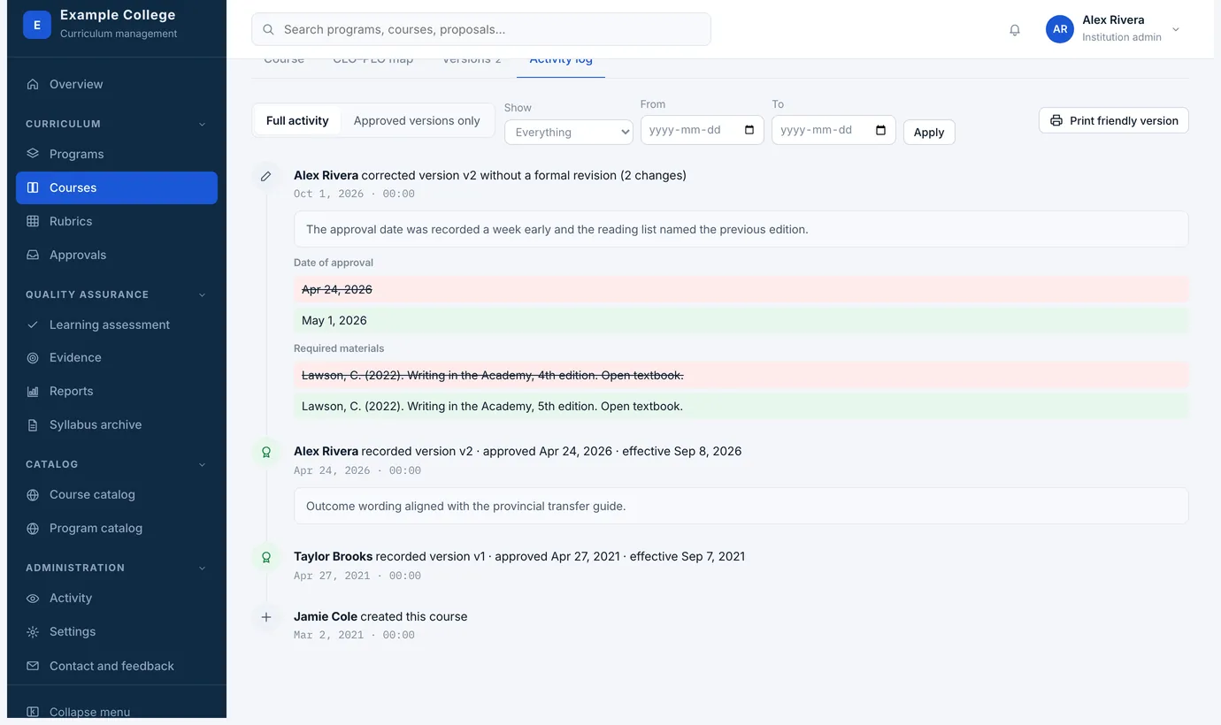A correction in the activity log, with every field that changed shown before and after
