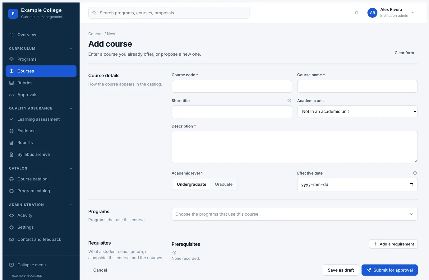 The Add course form, starting with course details