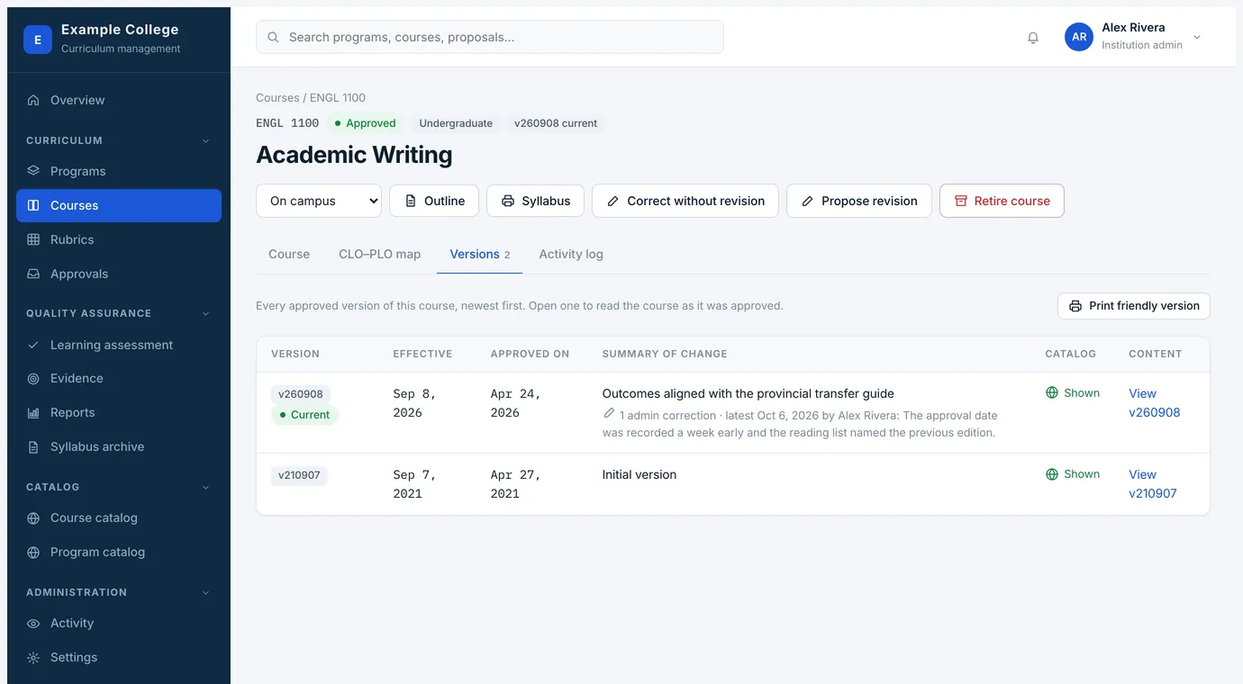 The Versions tab: each version with its dates, what changed, and the catalog and content as they stood