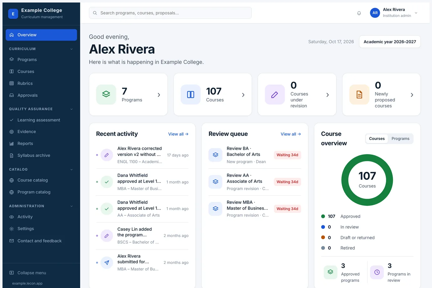 The Overview screen: four counts, recent activity, the review queue and a course overview ring
