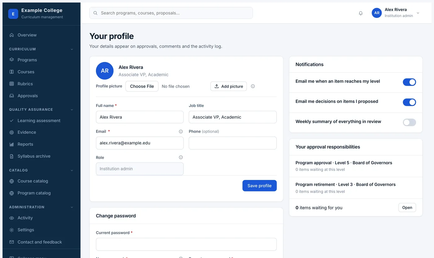 The profile page: your details, your notifications and your password