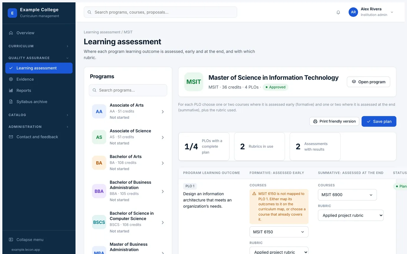 A program’s own learning assessment tab, reached from the program as well as from Quality assurance