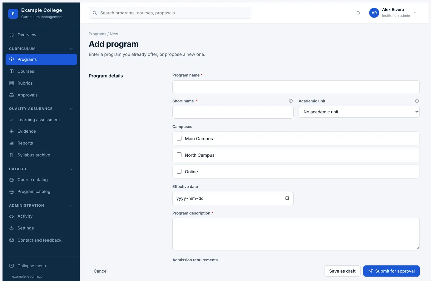 The Add program form