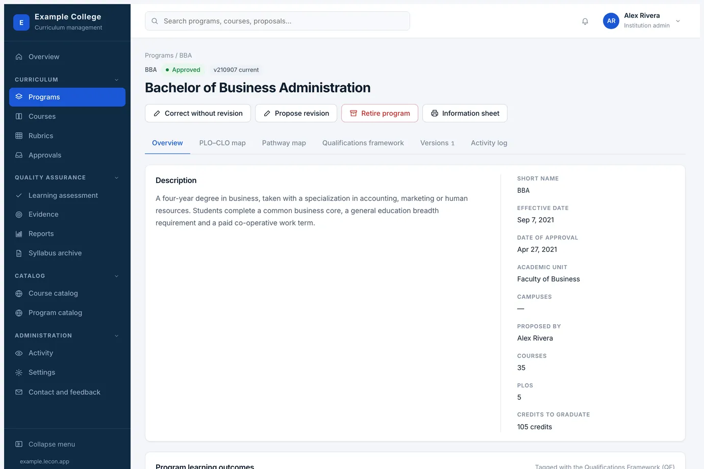 An approved program: its description, facts and outcomes, with tabs across the top