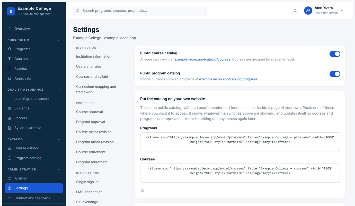 Public catalog settings, with the embed code for your own website