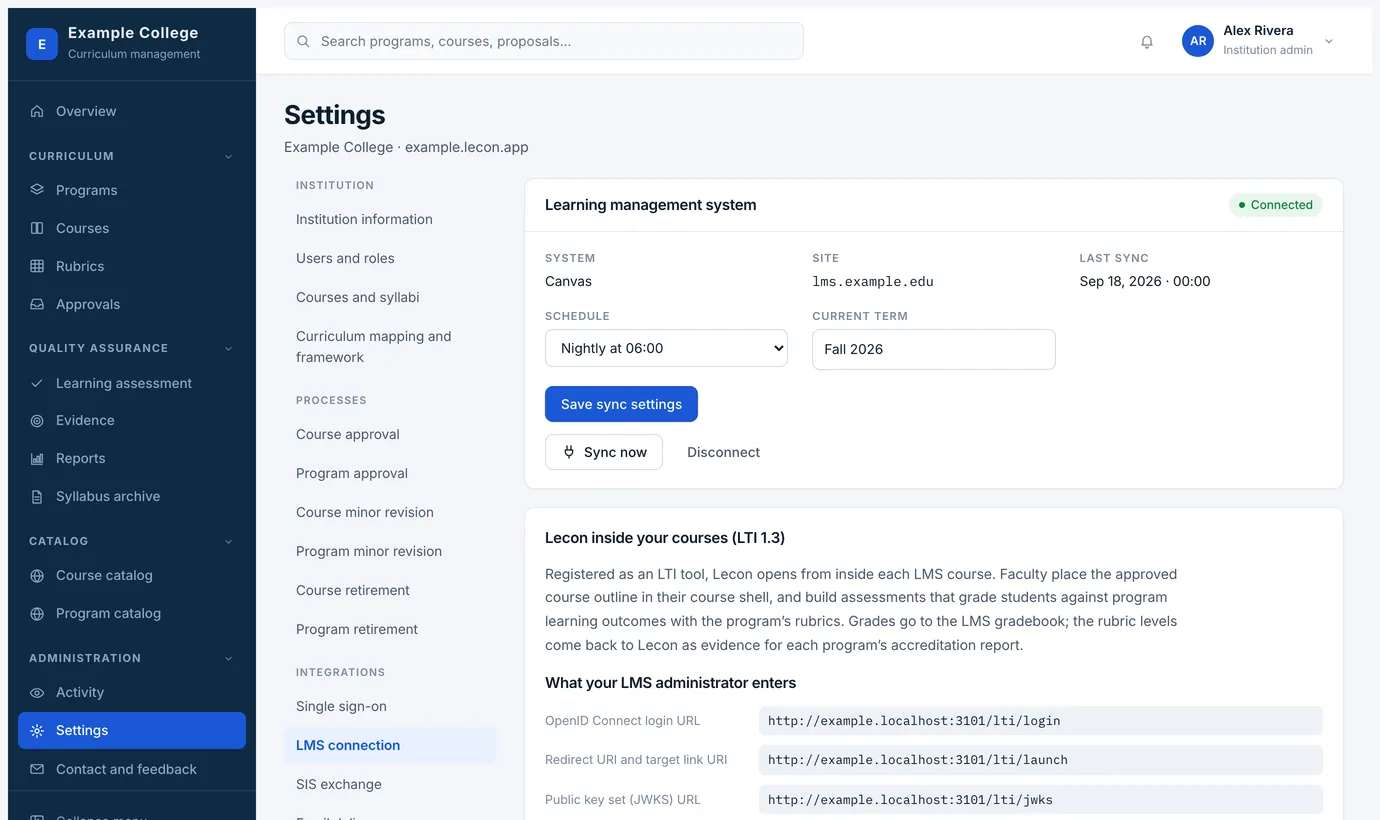 The LMS connection: the system, the sync schedule, and the values your LMS administrator needs