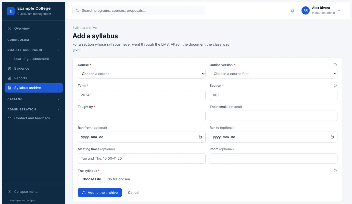 Adding a syllabus by hand, for a section no LMS carried
