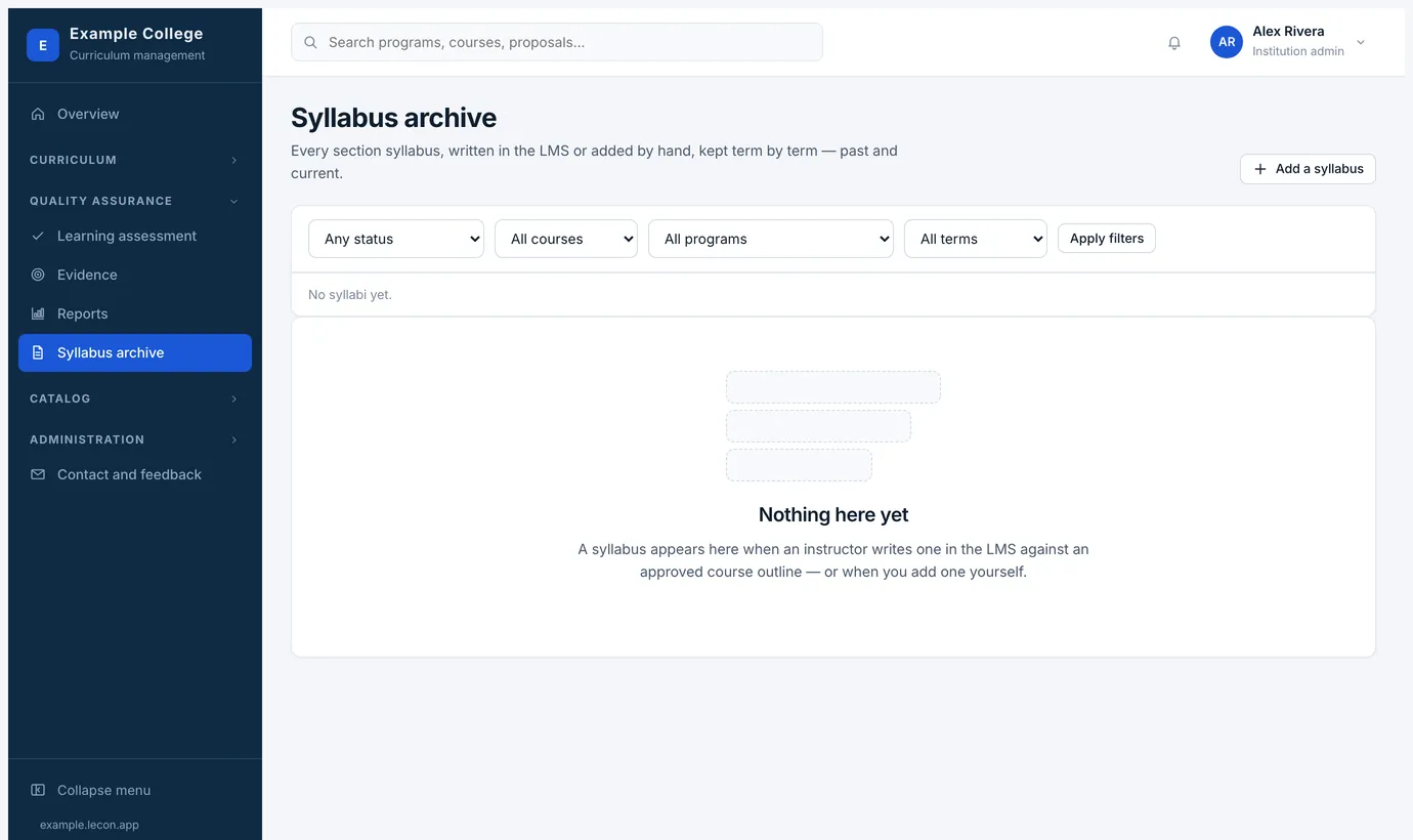 The syllabus archive, filtered by status, course, program and term